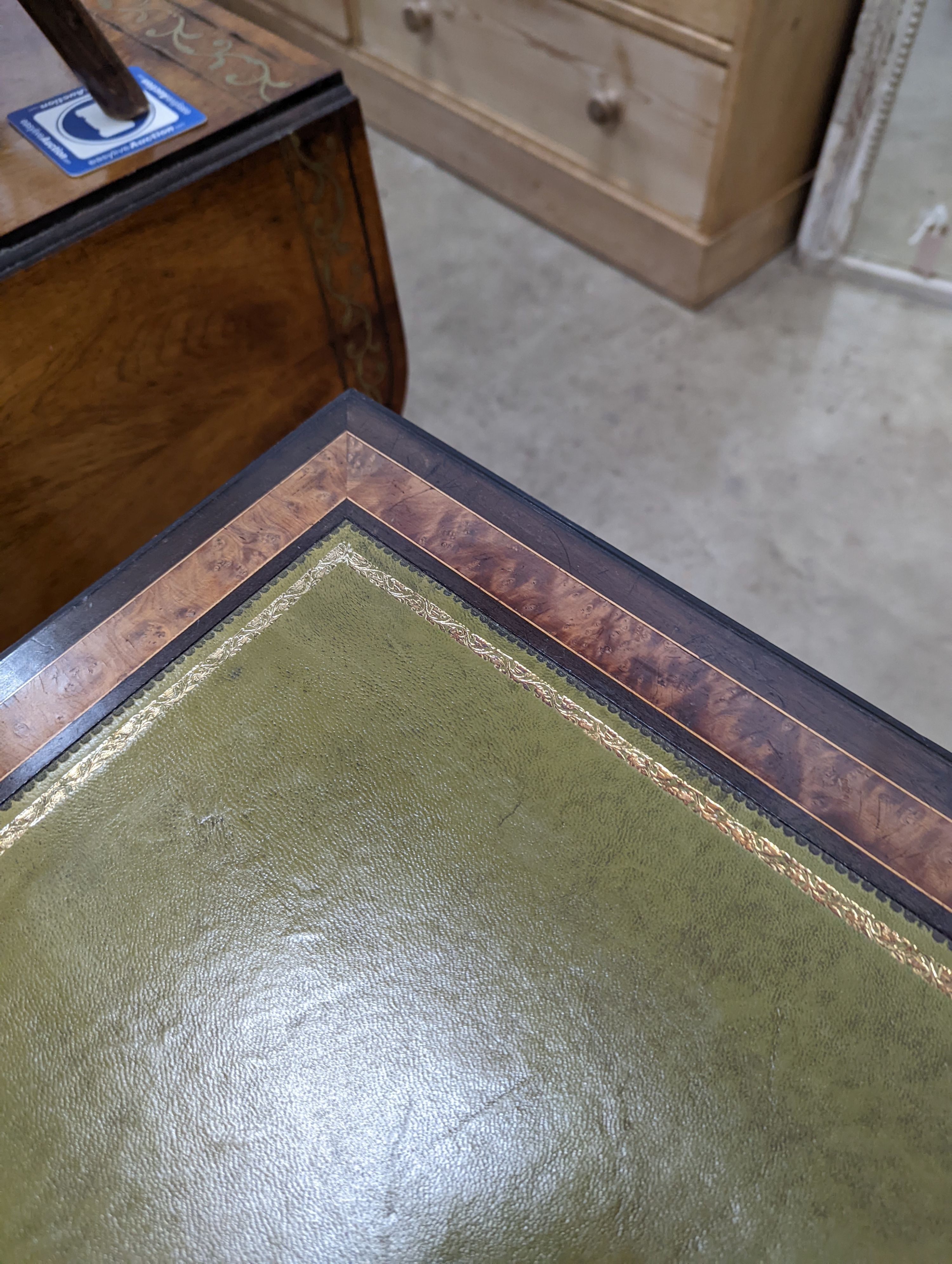 A late Victorian ebonised and bird's eye maple folding writing / card table, width 91cm, depth 48cm, height 75cm